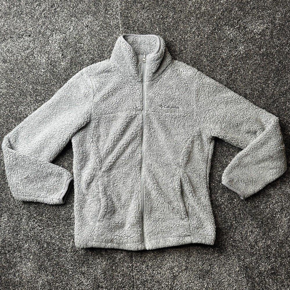 Columbia Sweater Womens M Gray Full Zip Fleece High Neck Pockets‎ Cozy Logo
